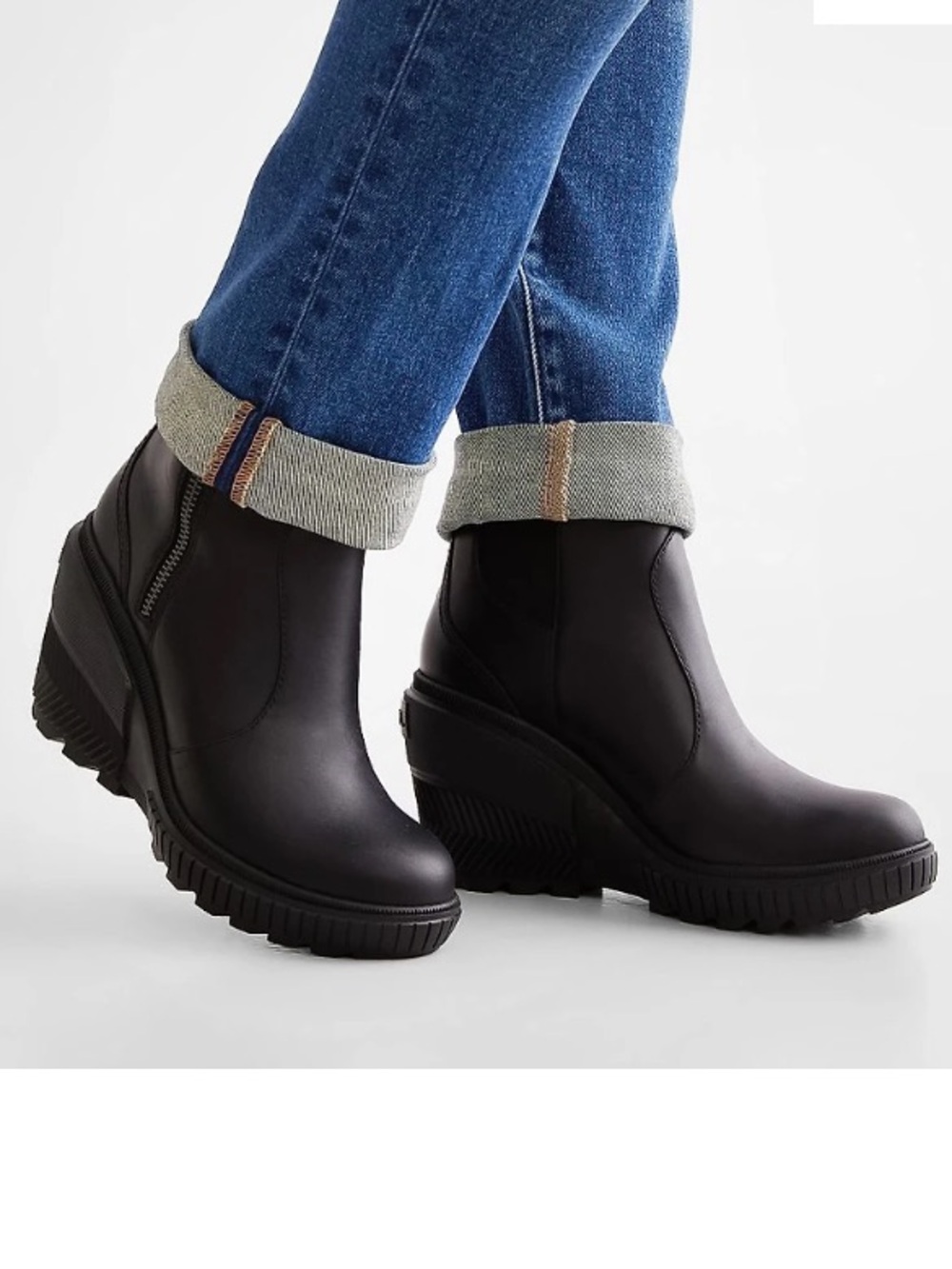SOREL ONA Ave Wedge Leather Ankle Boot, Black, Size 9.5, NEW NWT